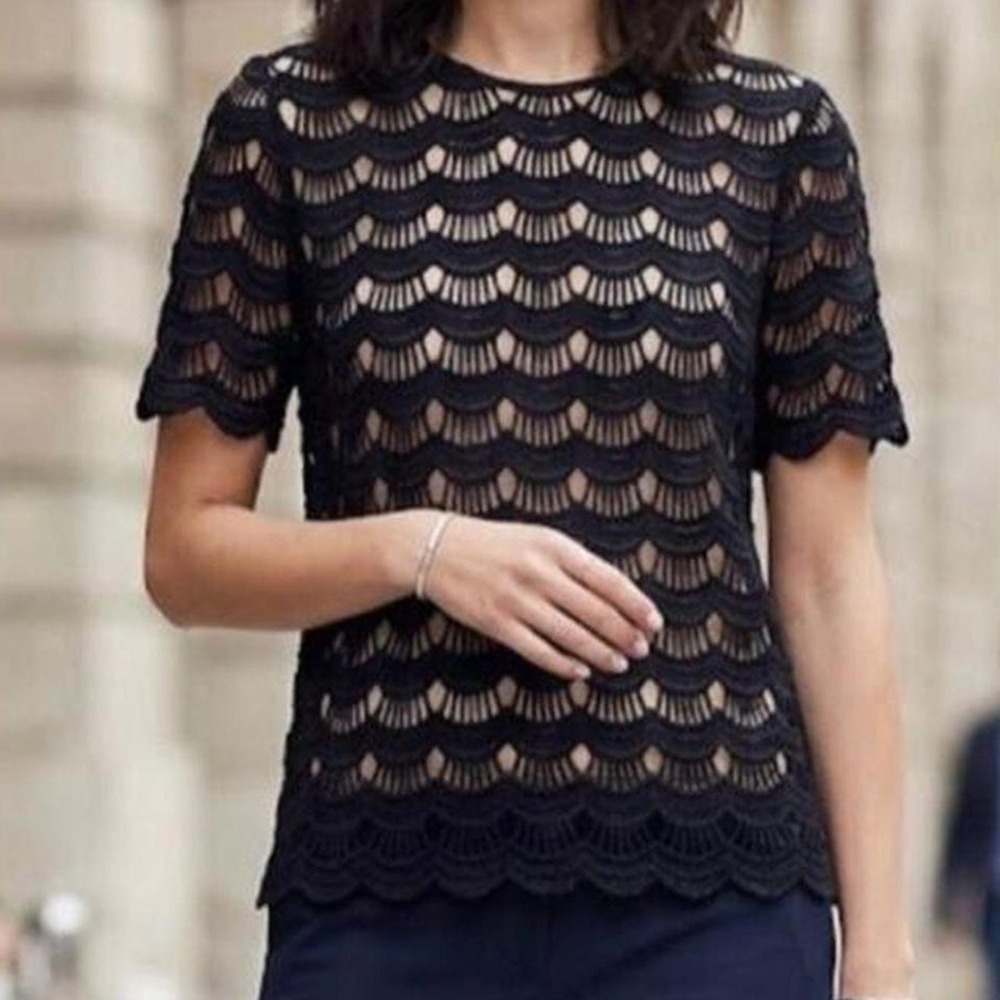 Black scalloped lace crochet pointelle top cottage coquette paris euro